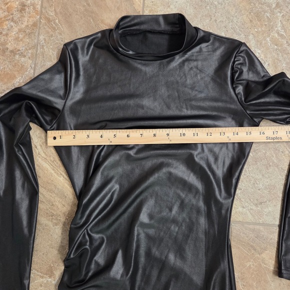 Black Faux Leather Mock Neck Ruched Long Sleeve Bodycon Mini Dress Womens S - Picture 2 of 6
